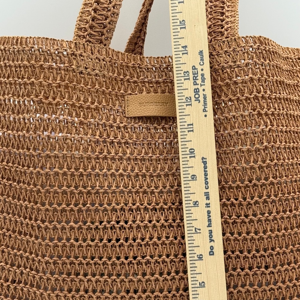 Burberry Woven Raffia Tote Bag Brown Tan Leather Logo Patch Shopper Beach Bag - Picture 7 of 9